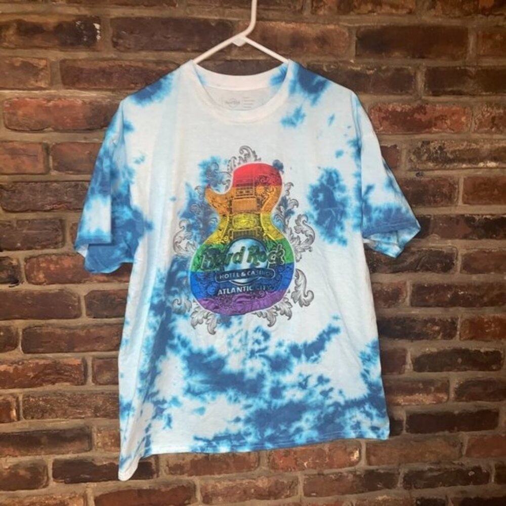 Hard Rock Atlantic City Custom Blue Tie Dye Rainbow Graphic T-Shirt Size XL